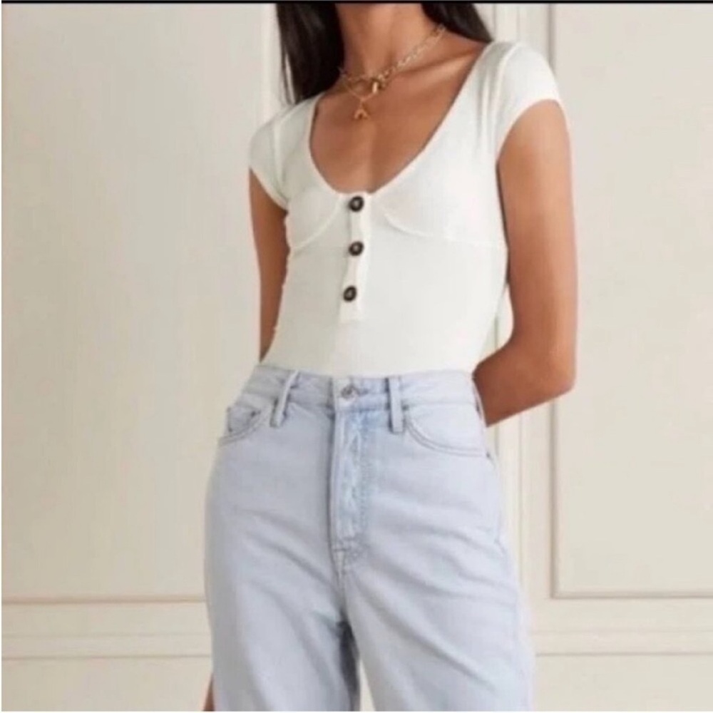 REFORMATION Marten Ivory Ribbed Bodysuit Large Closet Staple Capsule Wardrobe